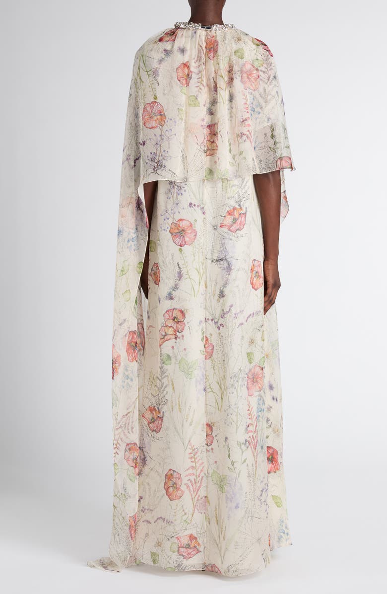 McQueen Floral Print Silk Cape Dress, Alternate, color, White