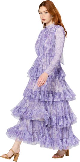 Occasion Modest Ruffle Floral Print Long Sleeves Evening Dress
