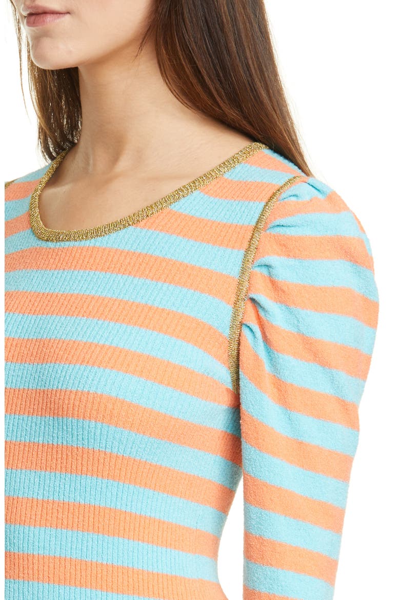 Stripe Rib Puff Sleeve Cotton Blend Sweater, Alternate, color, TANGERINE STRIPE W GOLD