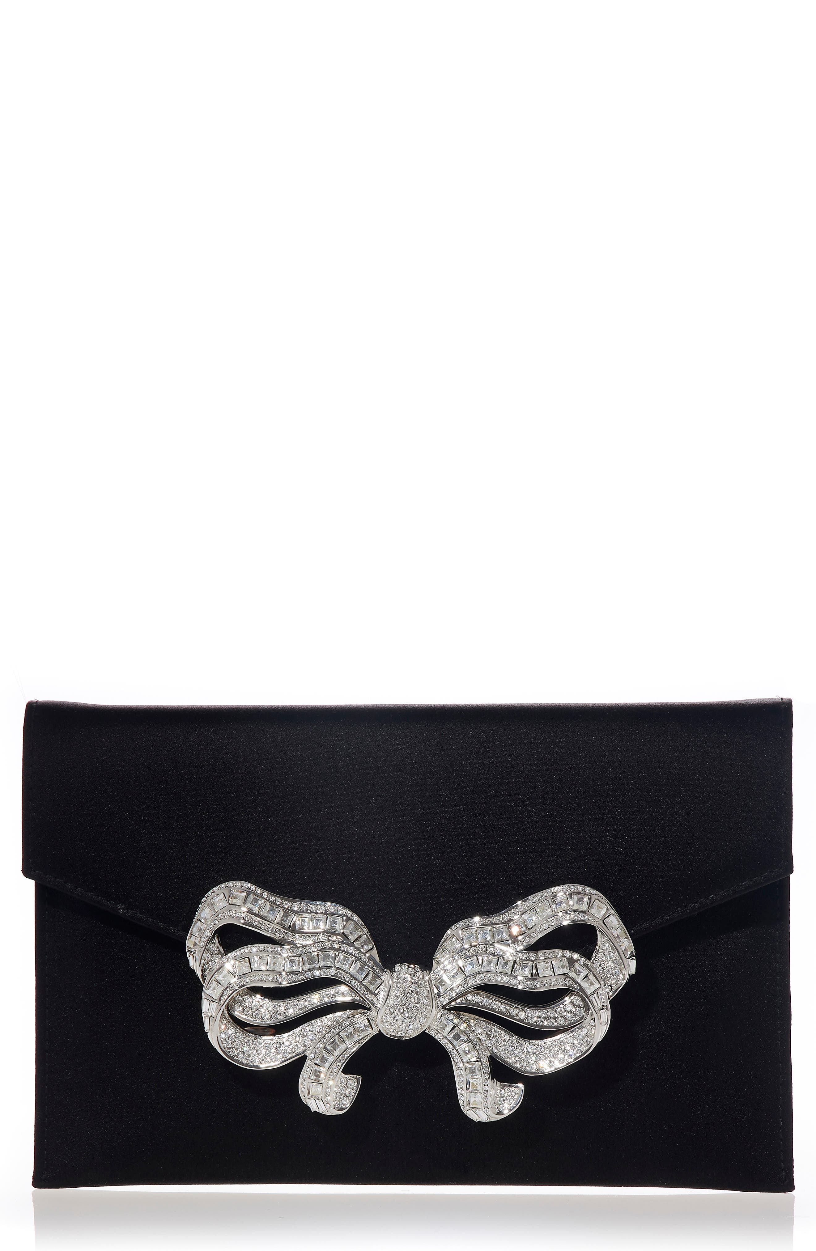 JUDITH LEIBER COUTURE Crystal Bow Satin Envelope Clutch, Main, color, 