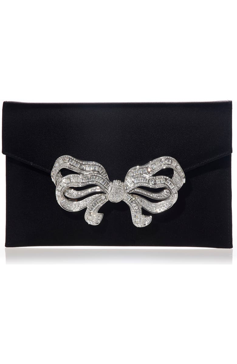 JUDITH LEIBER COUTURE Crystal Bow Satin Envelope Clutch, Main, color,