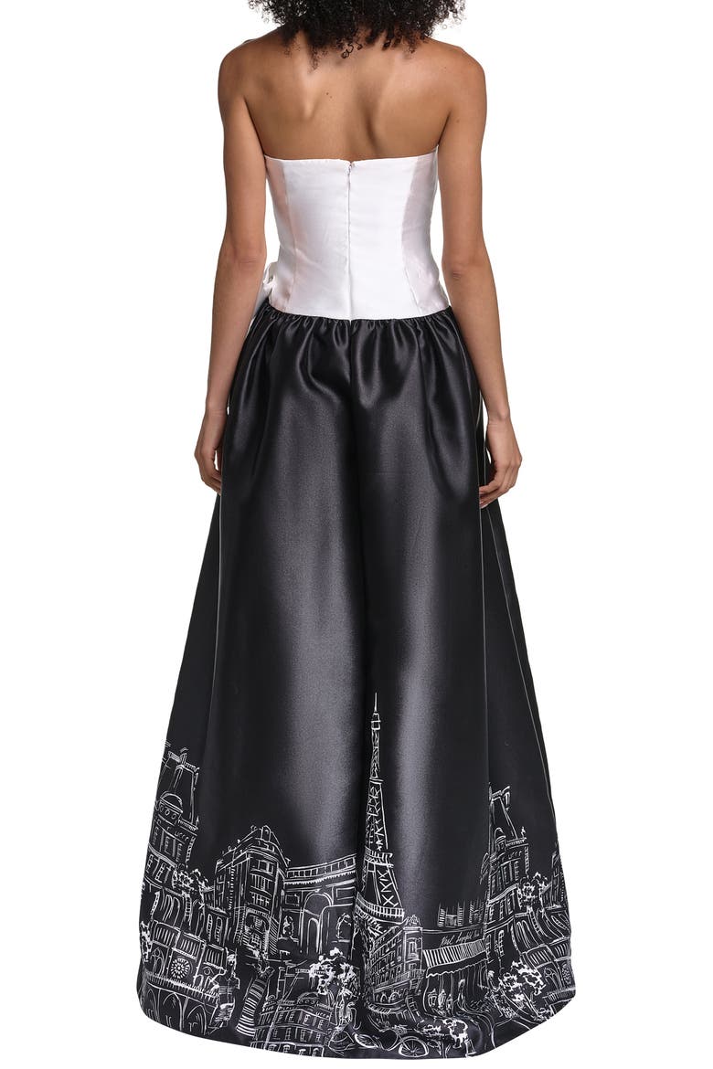 Paris Graphic Strapless Satin Gown, Alternate, color, SOFT WHITE BLACK