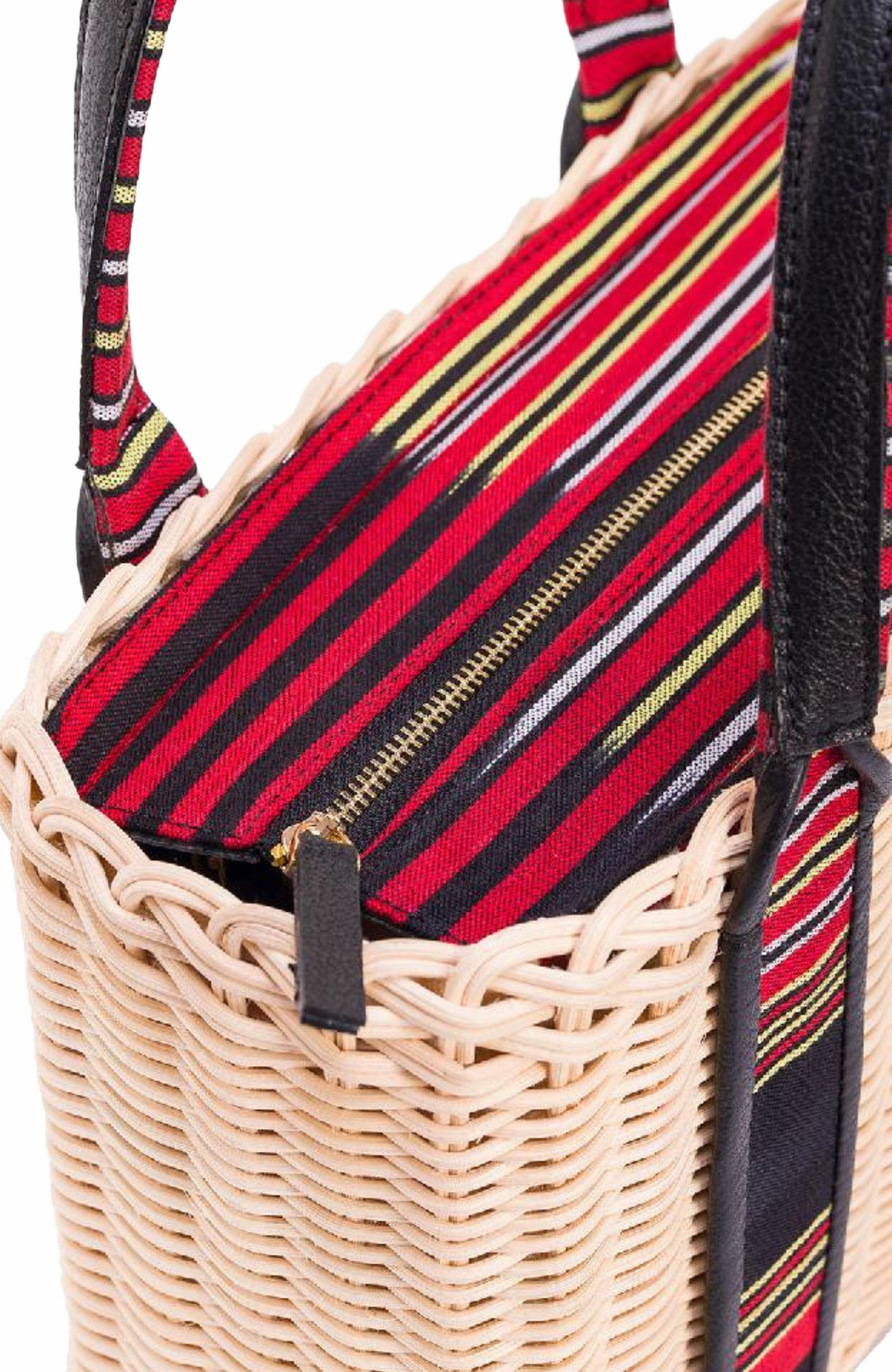 K'ai & Vrosi Woven Straw Handbag with Leather Trimmed Handles, Alternate, color, Black