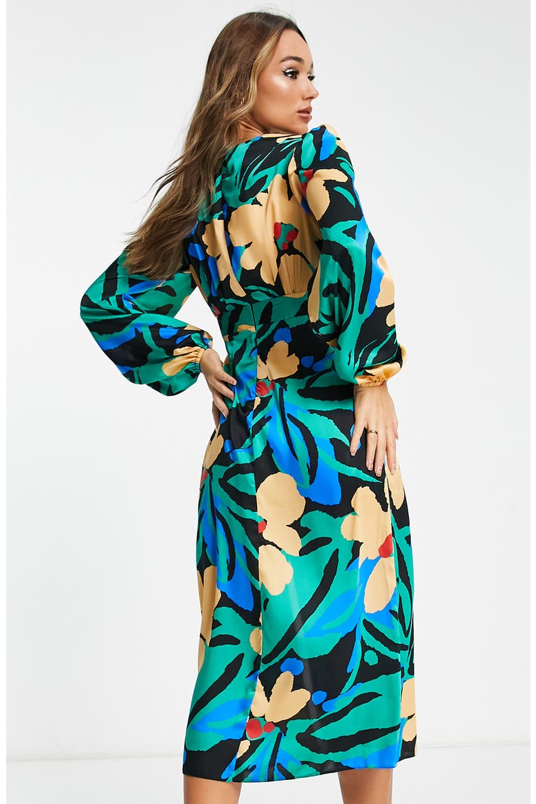 Floral Cutout Long Sleeve Satin Midi Dress, Alternate, color, BLUE