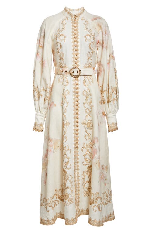 Zimmermann Womens Cream Peony Printed Silk-belt Buttoned Linen Midi Dress Xxs In Neutral