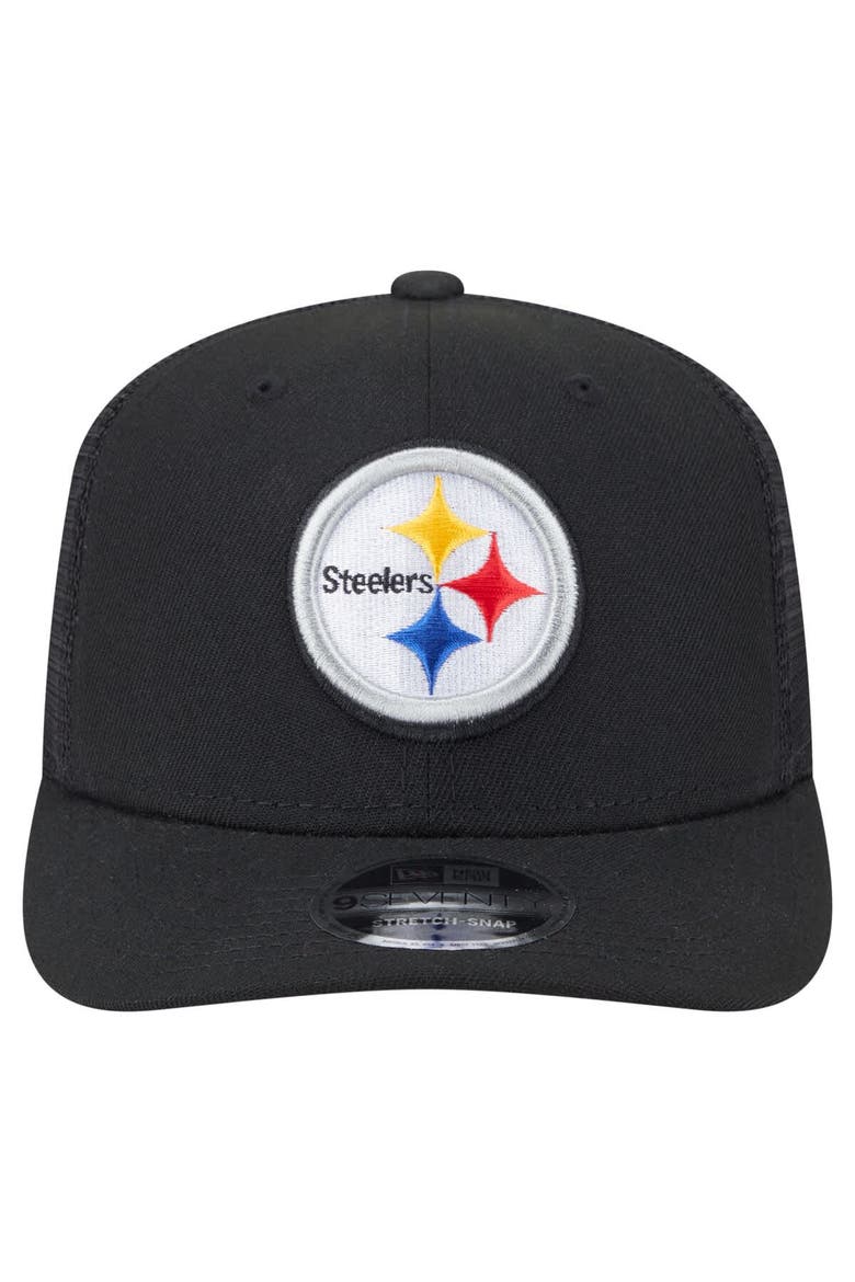 Men's New Era Black Pittsburgh Steelers Main Trucker 9SEVENTY Stretch-Snap Hat, Alternate, color, Black