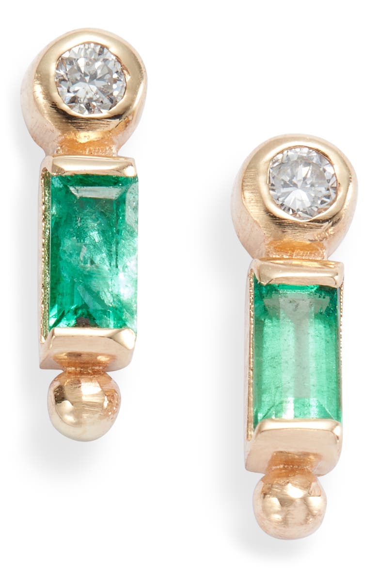 Cléo Emerald Baguette & Diamond Stud Earrings, Main, color, GREEN