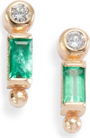 Anzie Cléo Emerald Baguette & Diamond Stud Earrings