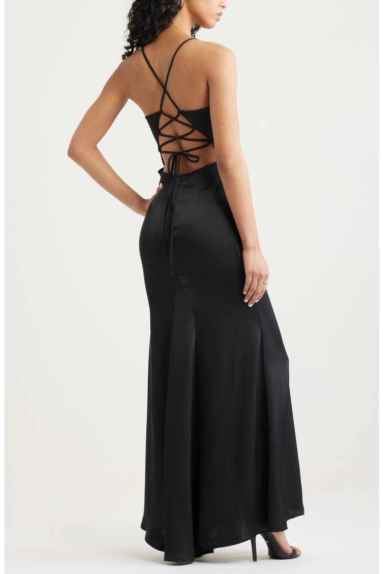 Tie Back Satin Gown, Alternate, color, BLACK