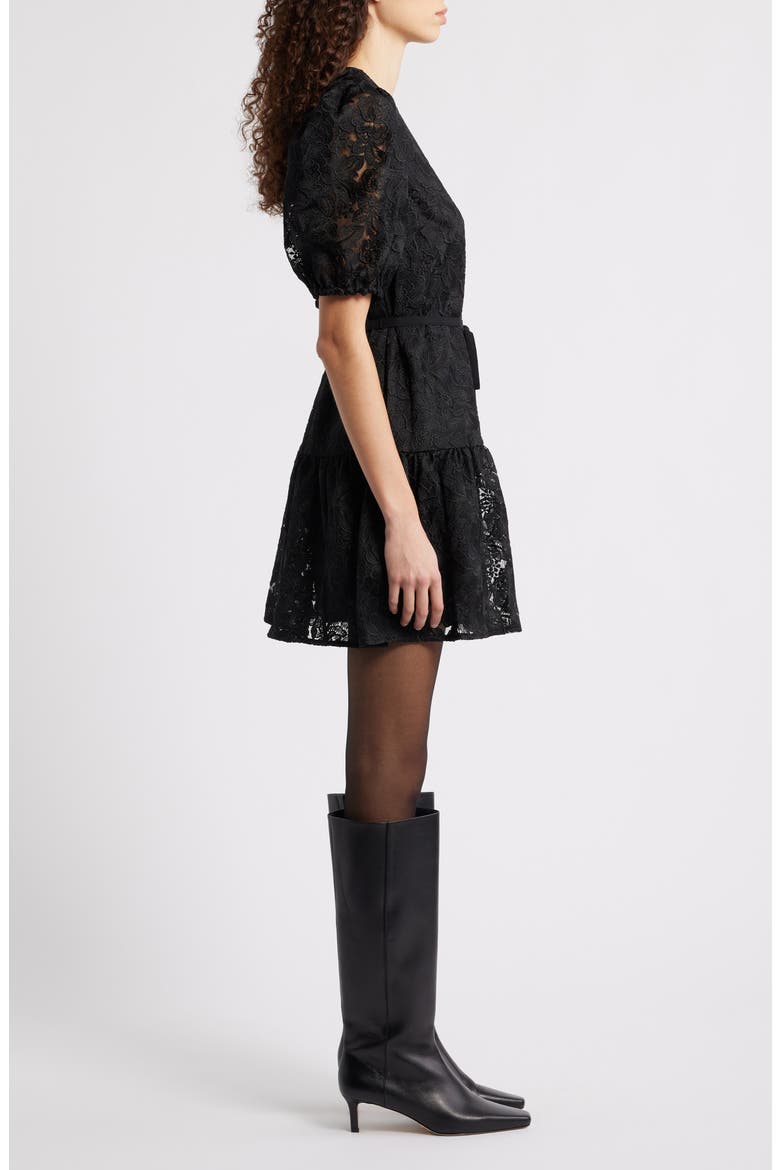Lace Puff Sleeve Tiered Minidress, Alternate, color, BLACK