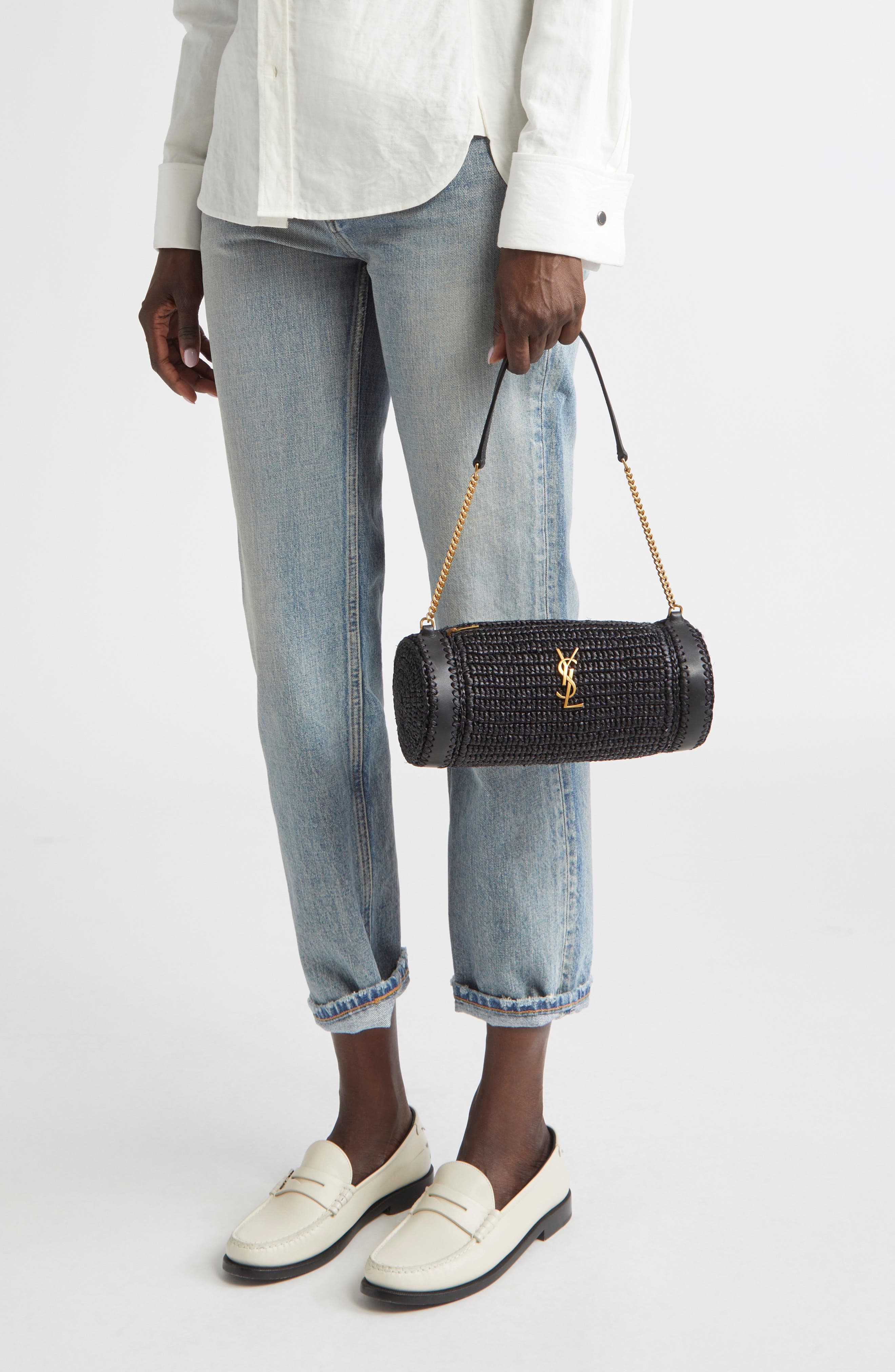 Saint Laurent Small Sade Raffia Tube Bag, Alternate, color, 