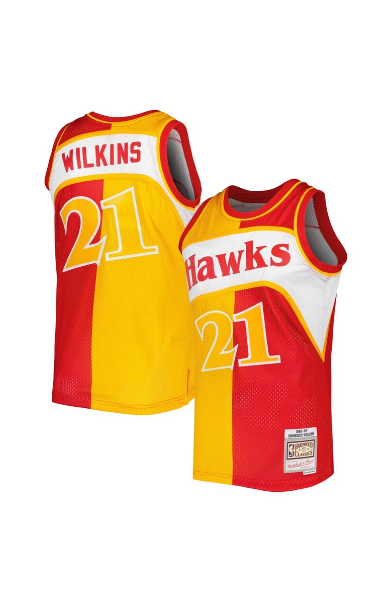 Mitchell & Ness Men's Mitchell & Ness Dominique Wilkins Yellow/Red Atlanta Hawks Hardwood Classics 1986/87 Split Swingman Jersey, Alternate, color,