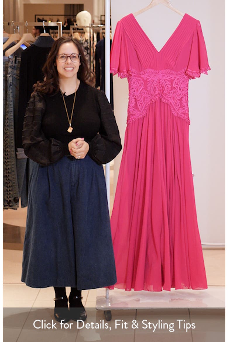 Scroll Lace Detail Flutter Sleeve Chiffon Gown video