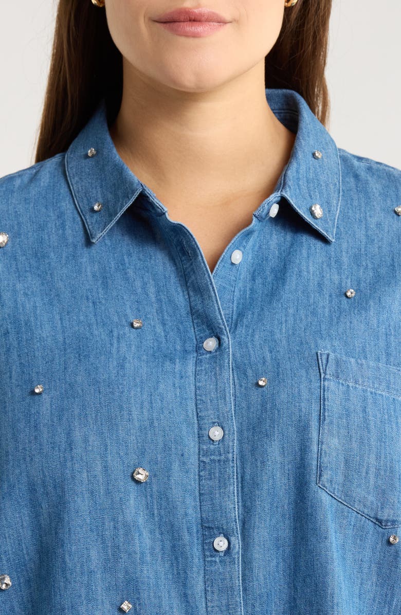 Caslon<sup>®</sup> Crystal Embellished Chambray Button Front Shirt, Alternate, color, Medium Wash