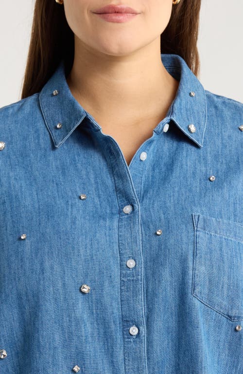 Caslonr Caslon(r) Crystal Embellished Chambray Button Front Shirt In Blue
