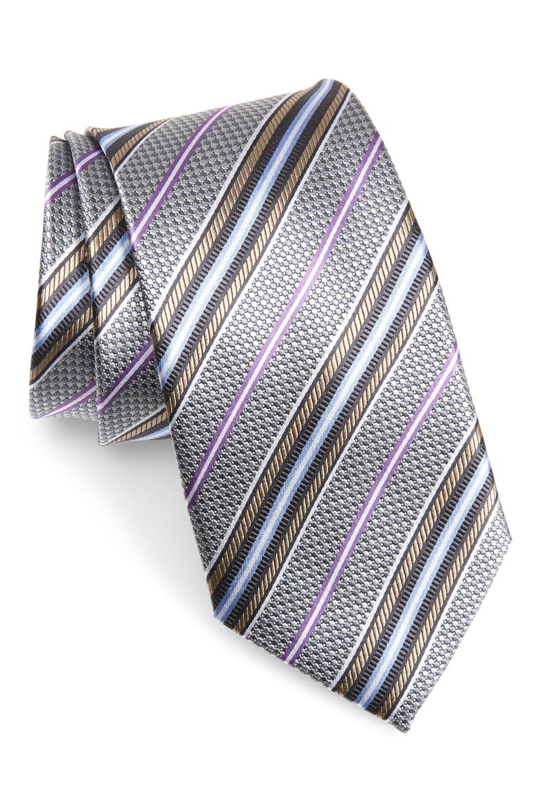 Stripe Silk Tie, Main, color, SILVER