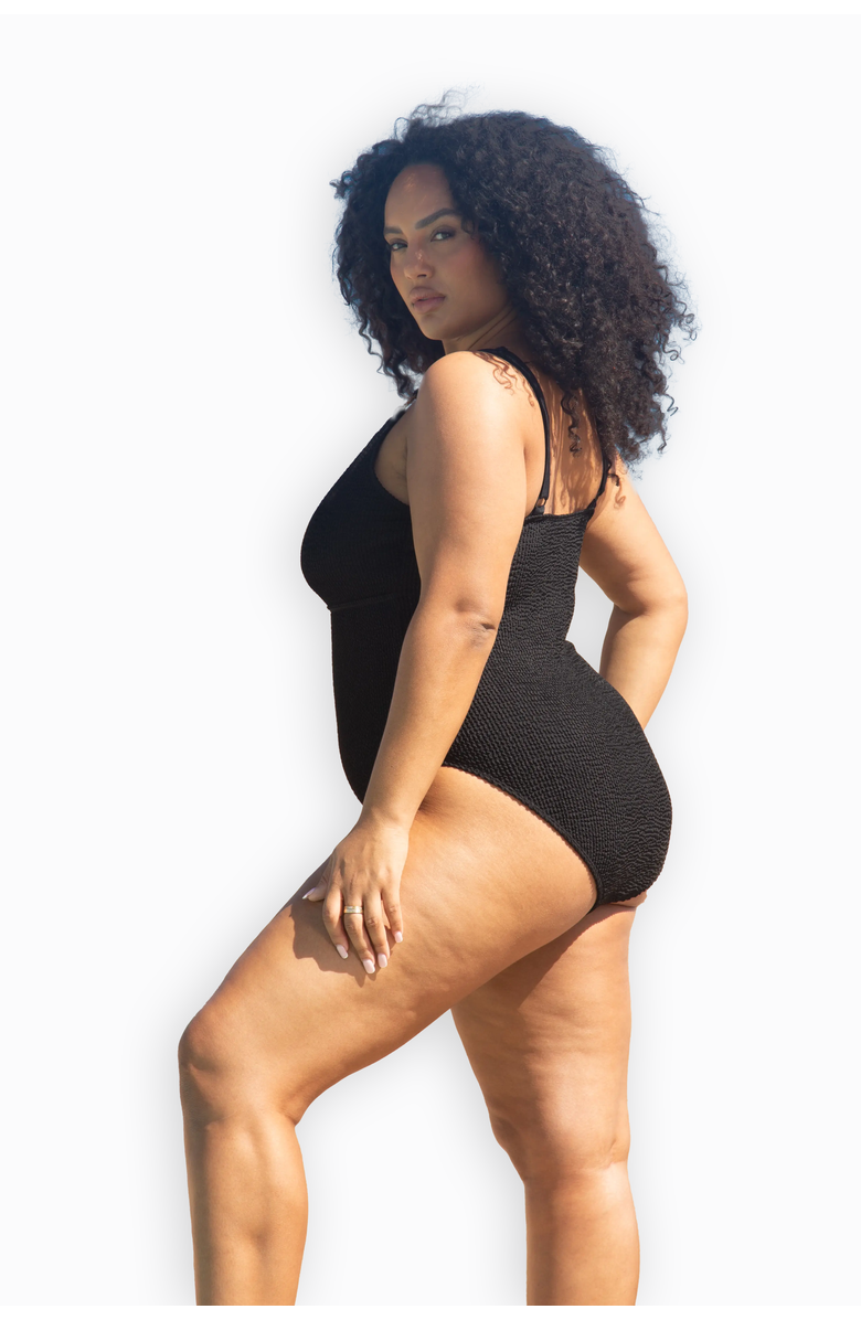 FASHION-SZN CURVE Trim Detail Sculpting Crinkle Swimsuit, Alternate, color, Black