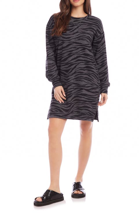 Zebra Zip Hem Long Sleeve Sweatshirt Minidress