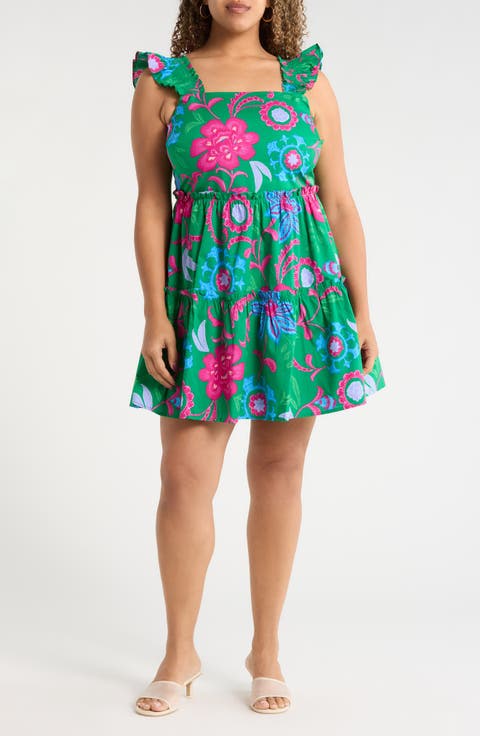 Cabina Floral Ruffle Tiered Cotton Mini Sundress (Plus)