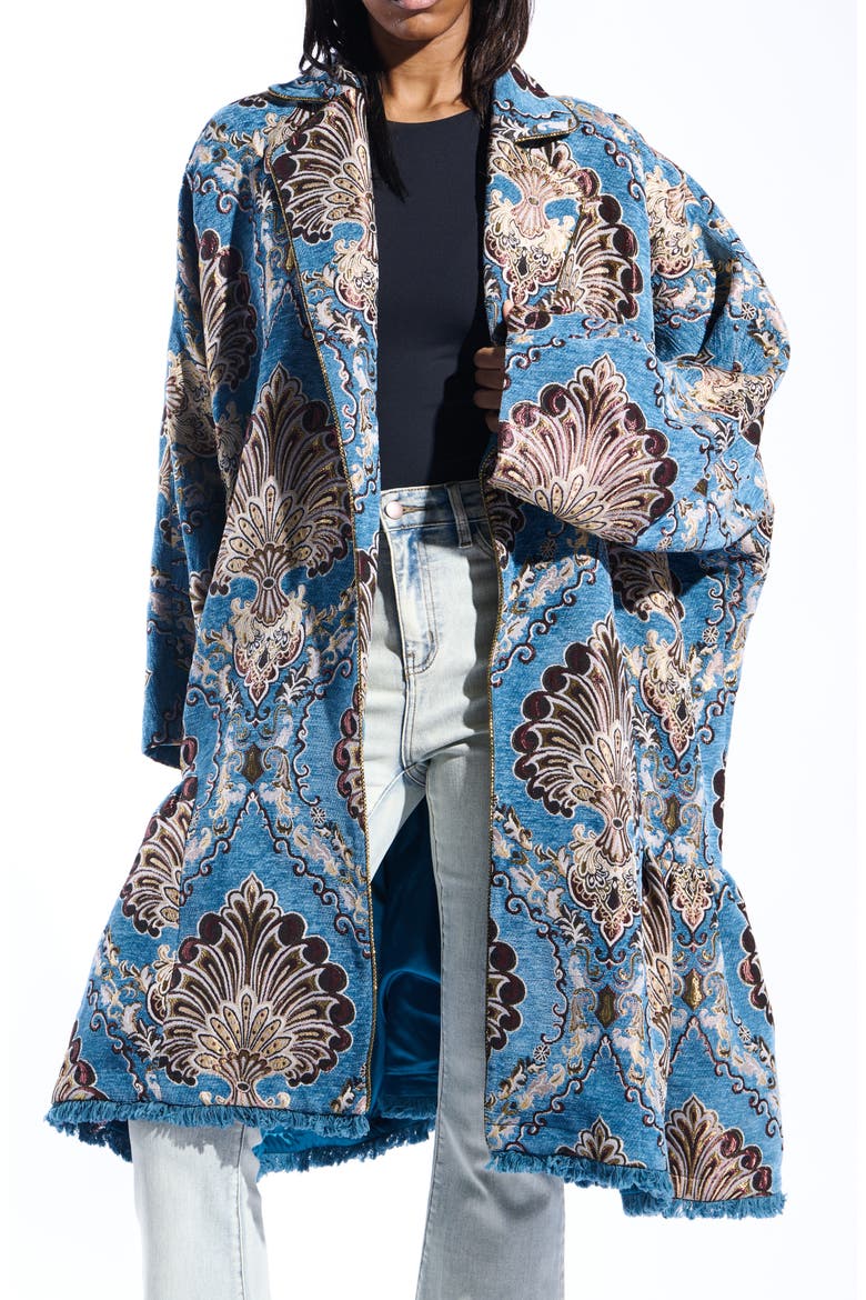 Paisley Jacquard Peplum Coat, Alternate, color, BLUE/ BROWN