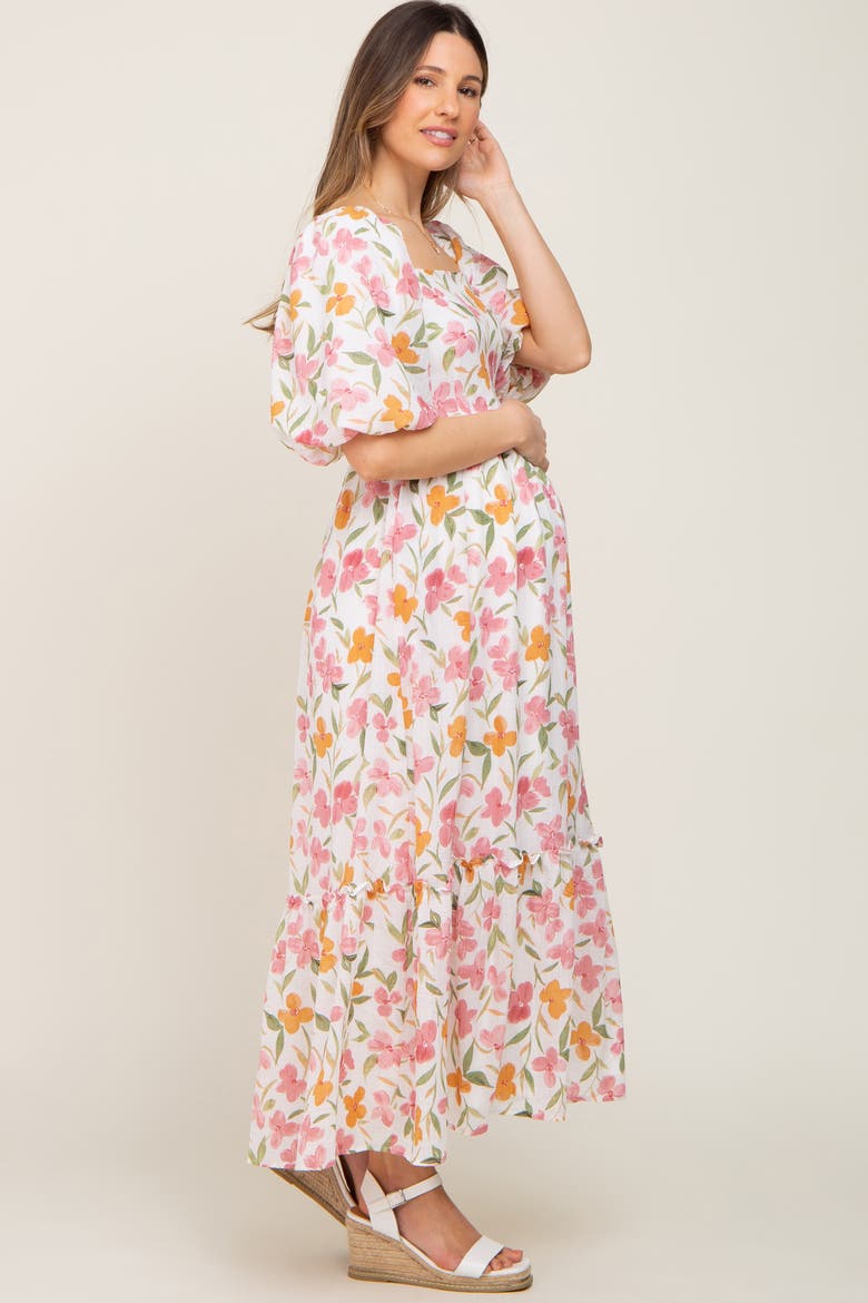 Floral Puff Sleeve Maxi Dress, Alternate, color, White