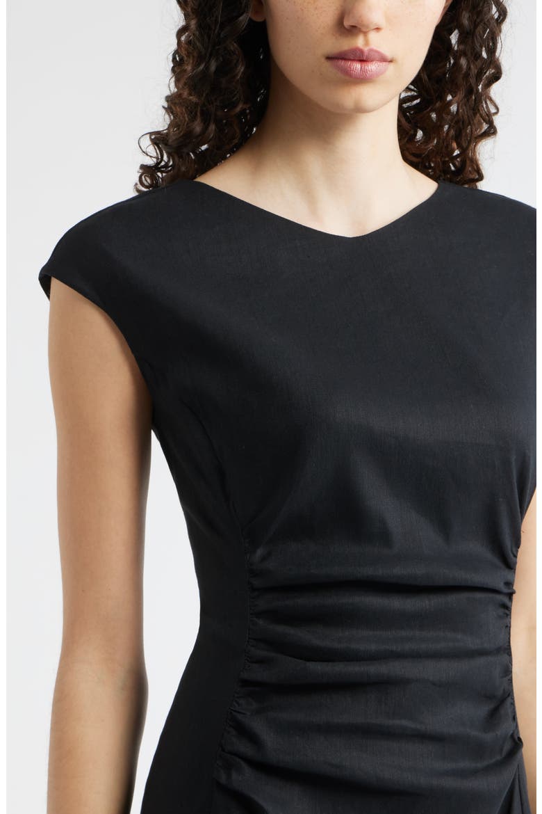 Linen Blend Ruched Midi Dress, Alternate, color, BLACK