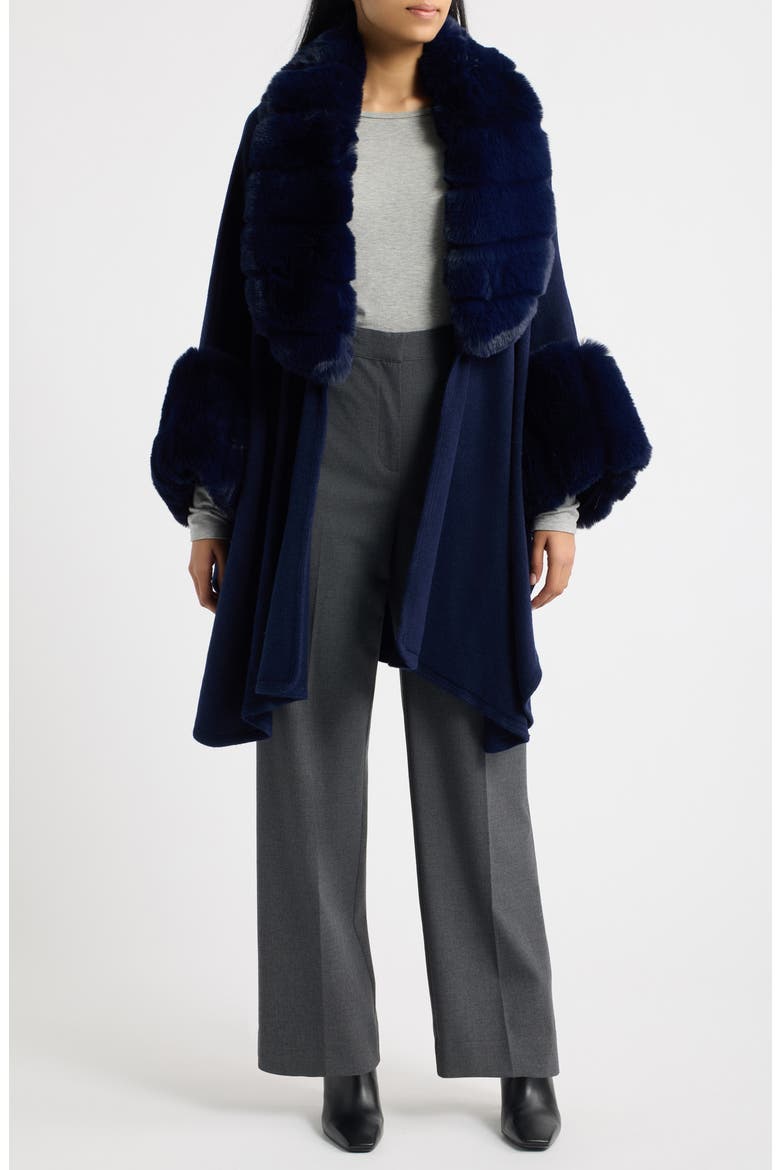 Faux Fur Trim Knit Ruana, Alternate, color, NAVY
