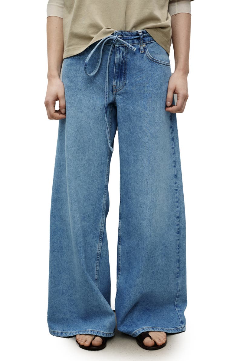 MANGO Tie Waist Wide Leg Jeans, Main, color, Medium Blue