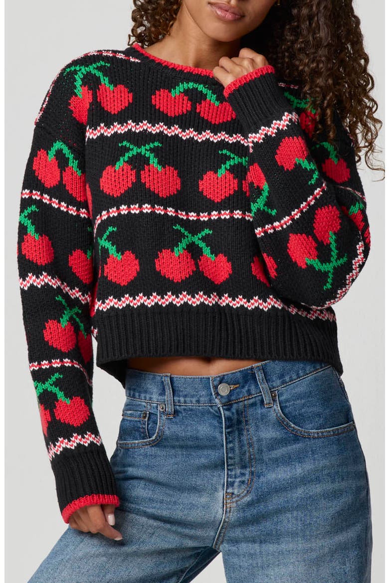 Cherry Crewneck Crop Sweater, Main, color, BLACK