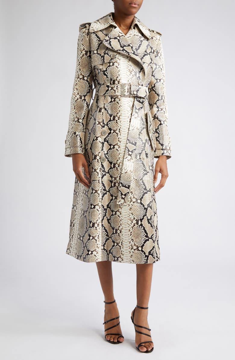 Michael Kors Collection Python Embossed Leather Trench Coat, Main, color, 