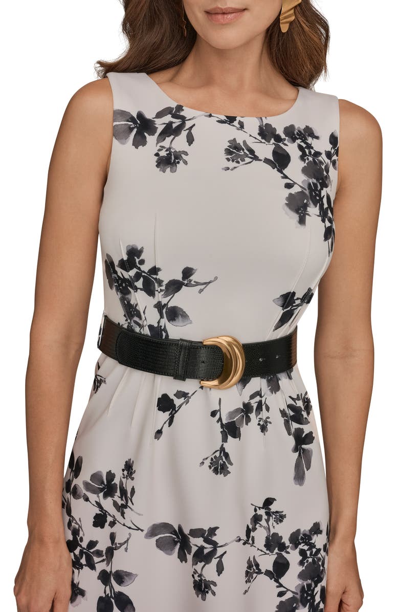 Donna Karan New York Belted Floral Print Midi Dress, Alternate, color, Cream/ Black Multi