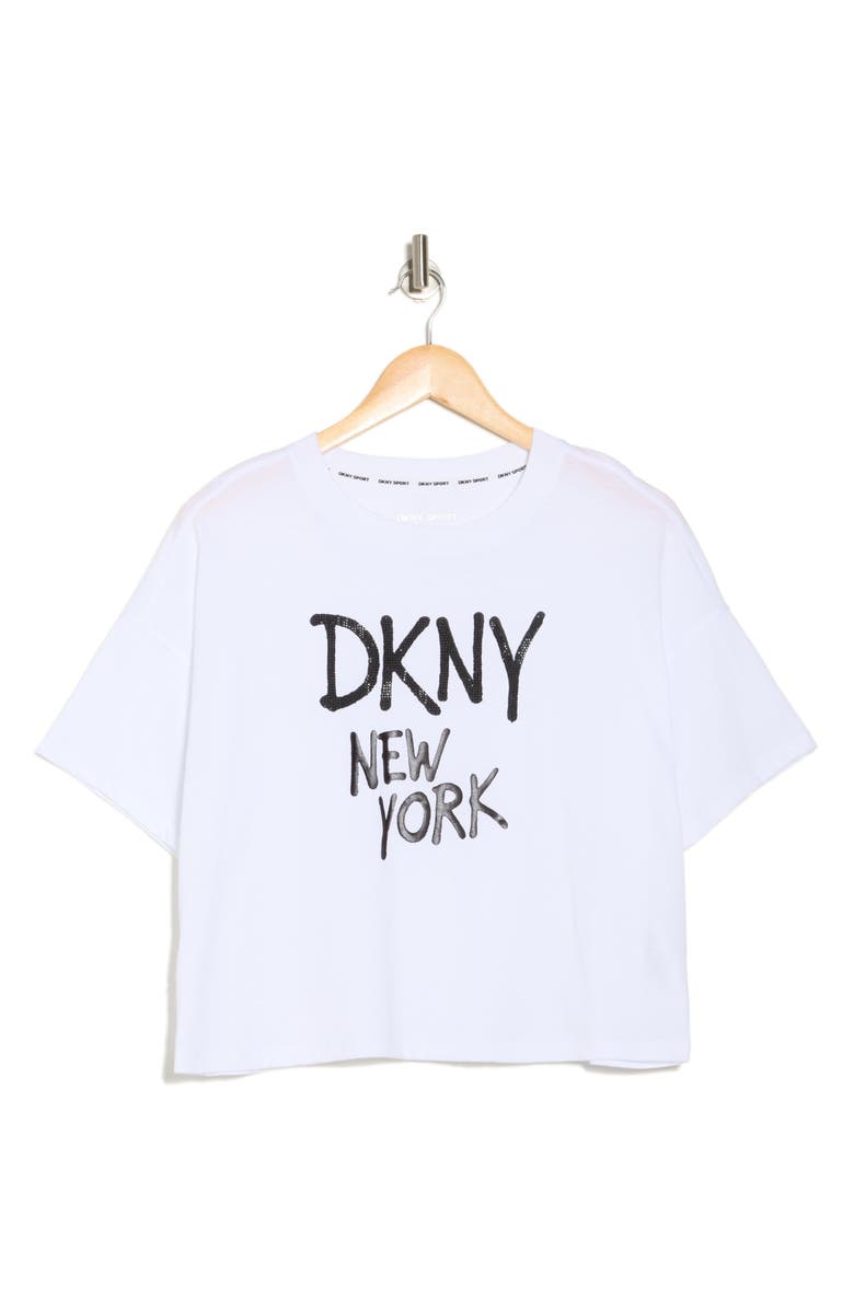 DKNY Graffiti Logo Boxy Crop Tee, Alternate, color, White/ Black