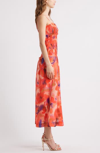 Smocked Drop Waist Midi Dress