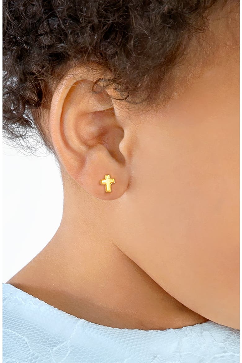 14K Gold Simple Cross Stud Earrings, Alternate, color, 14K Yellow Gold