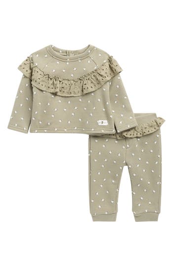 7 For All Mankind Babies'  Ruffle Yoke 2-piece Joggers Set In Green