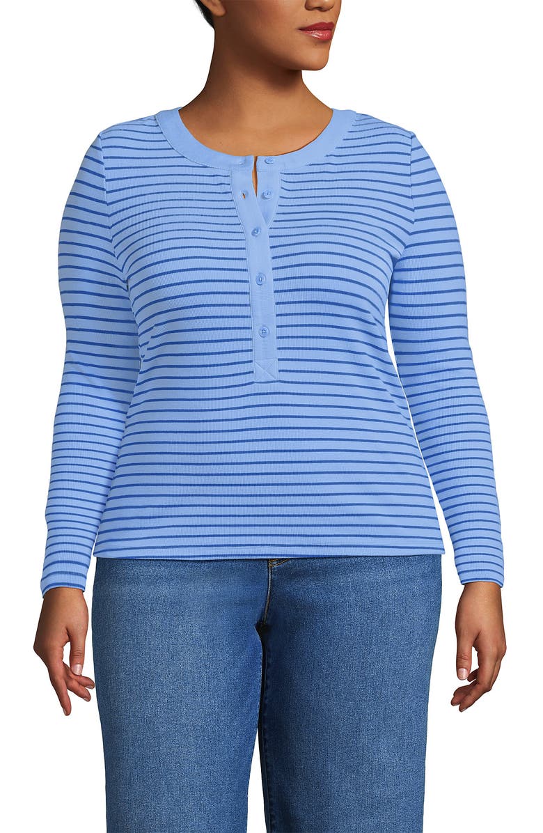 Lands
 End Plus Size Drapey Rib Fitted Long Sleeve Henley T-Shirt, Main, color, Clear Blue Sky/Cobalt Stripe