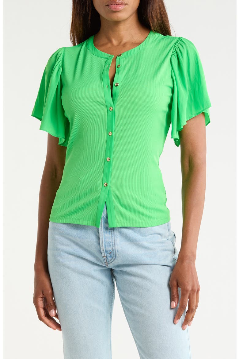 Colette Mixed Media Flutter Sleeve Top, Main, color, TROPIC GREEN