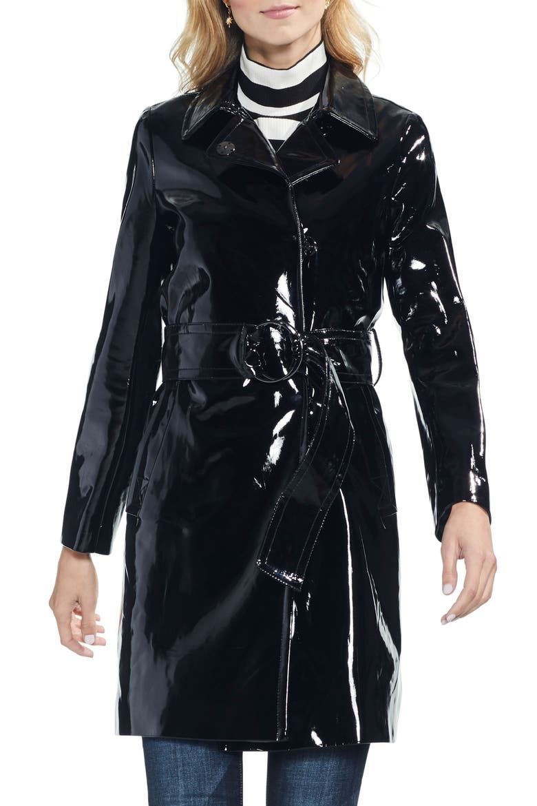 Faux Patent Leather Belted Jacket, Main, color, RICH BLACK