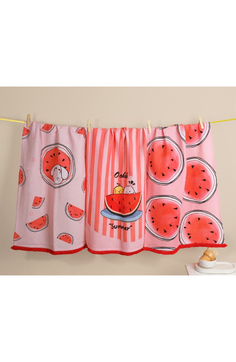 Tiramisu Set of Three Sweet Summer Watermelon Kitchen Towels, Alternate, color, Watermelon/ Pink / White