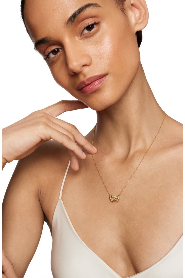 Double Heart Pendant Necklace in 18K Yellow Gold with Diamonds, Alternate, color, DIAMOND