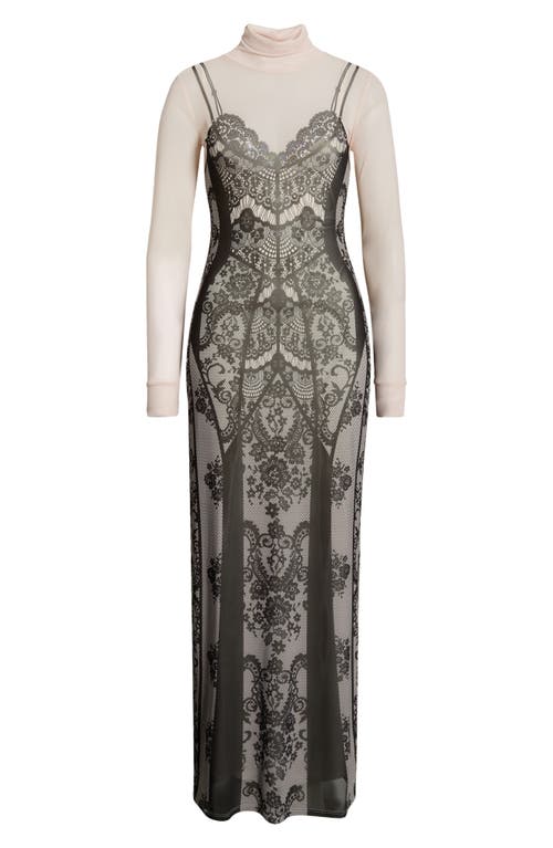 Afrm Billie Trompe L'oeil Long Sleeve Mesh Maxi Dress In Brown