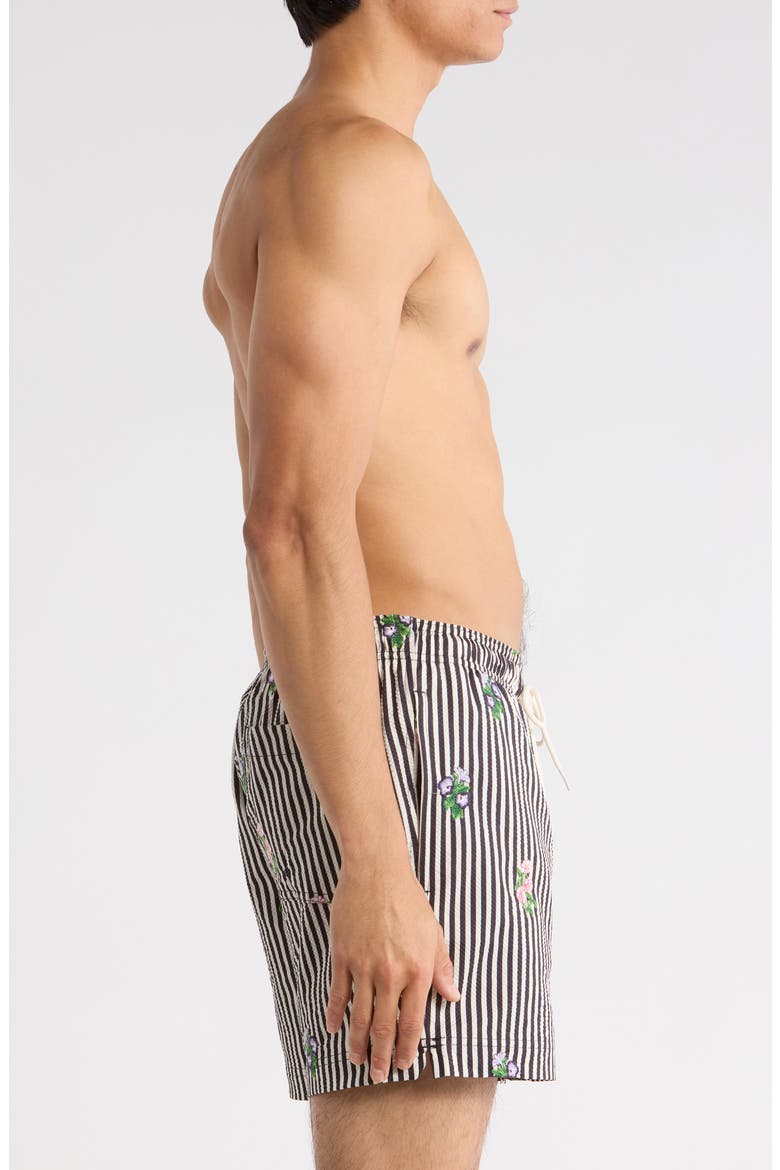 Bouquet Embroidered Stripe Swim Trunks, Alternate, color, BLACK/ WHITE