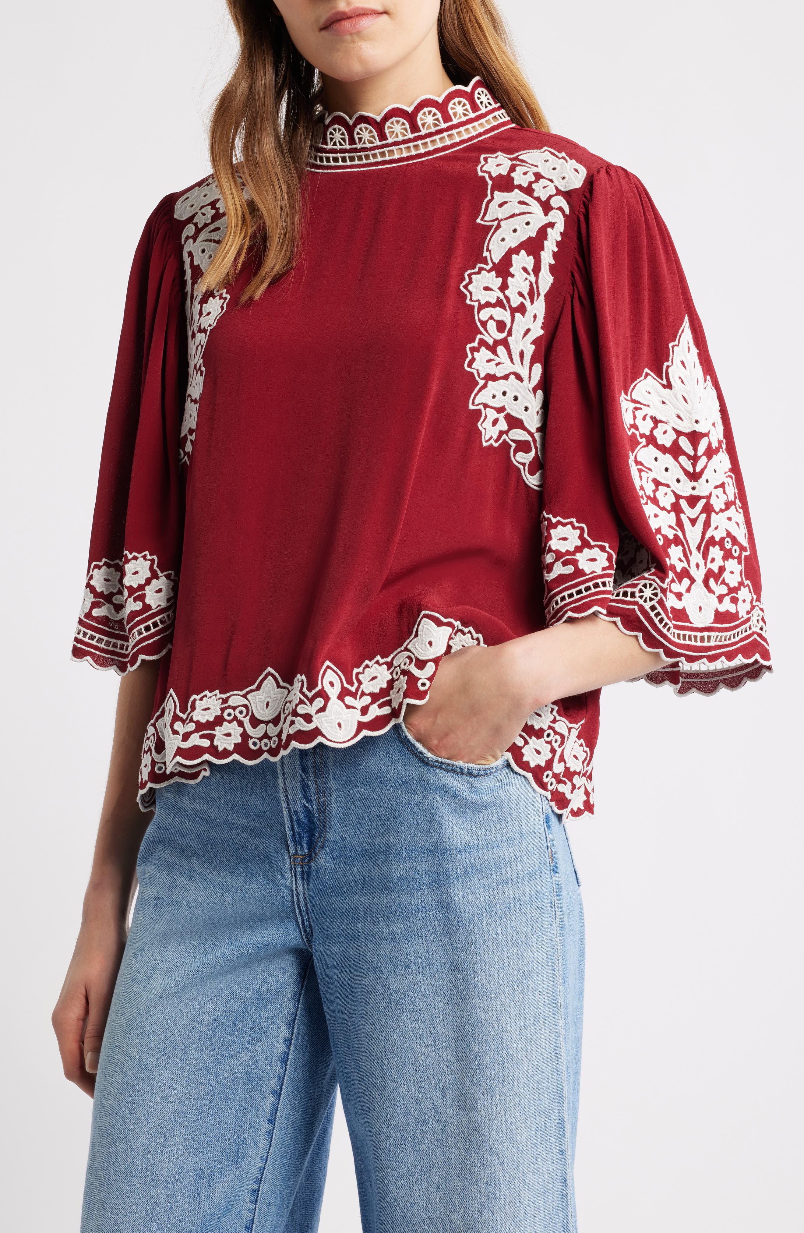 FARM Rio Palm Tree Embroidered Top