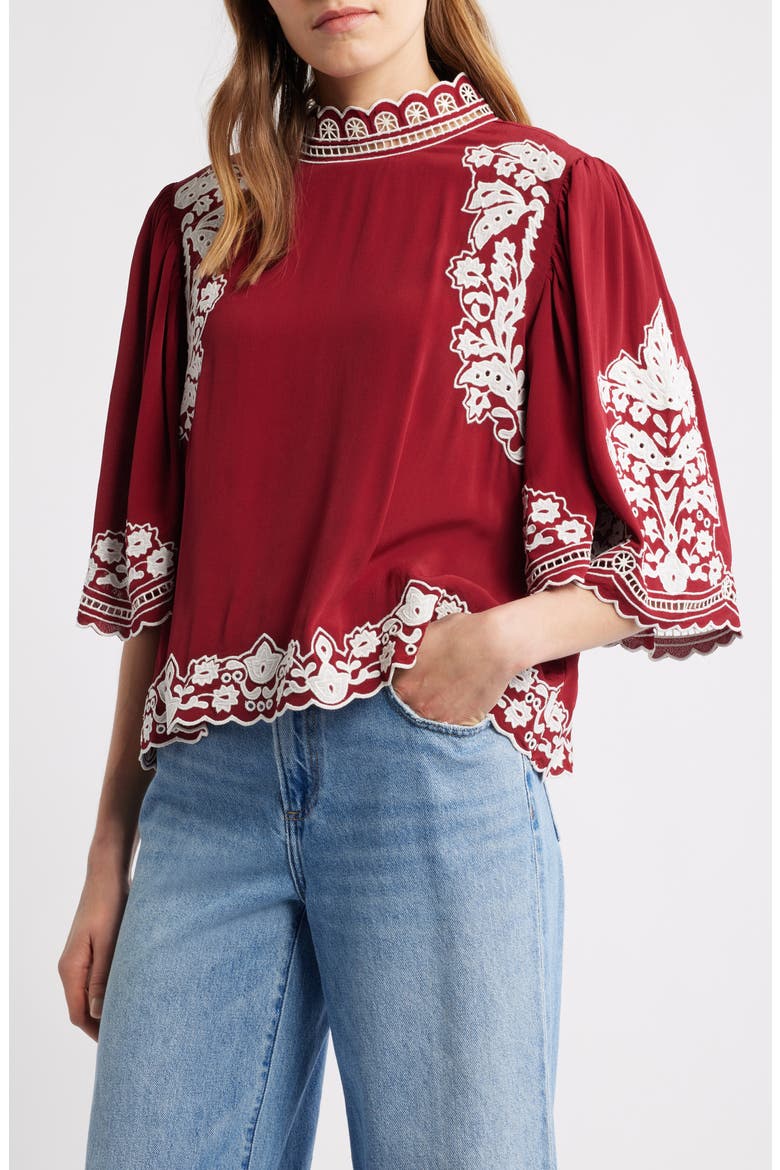 Palm Tree Embroidered Top, Main, color, BURGUNDY