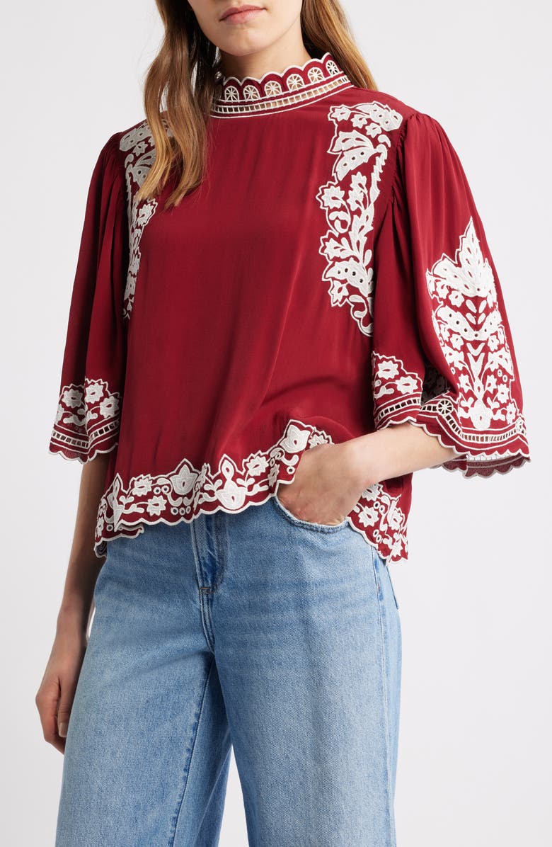 FARM Rio Palm Tree Embroidered Top, Main, color, Burgundy