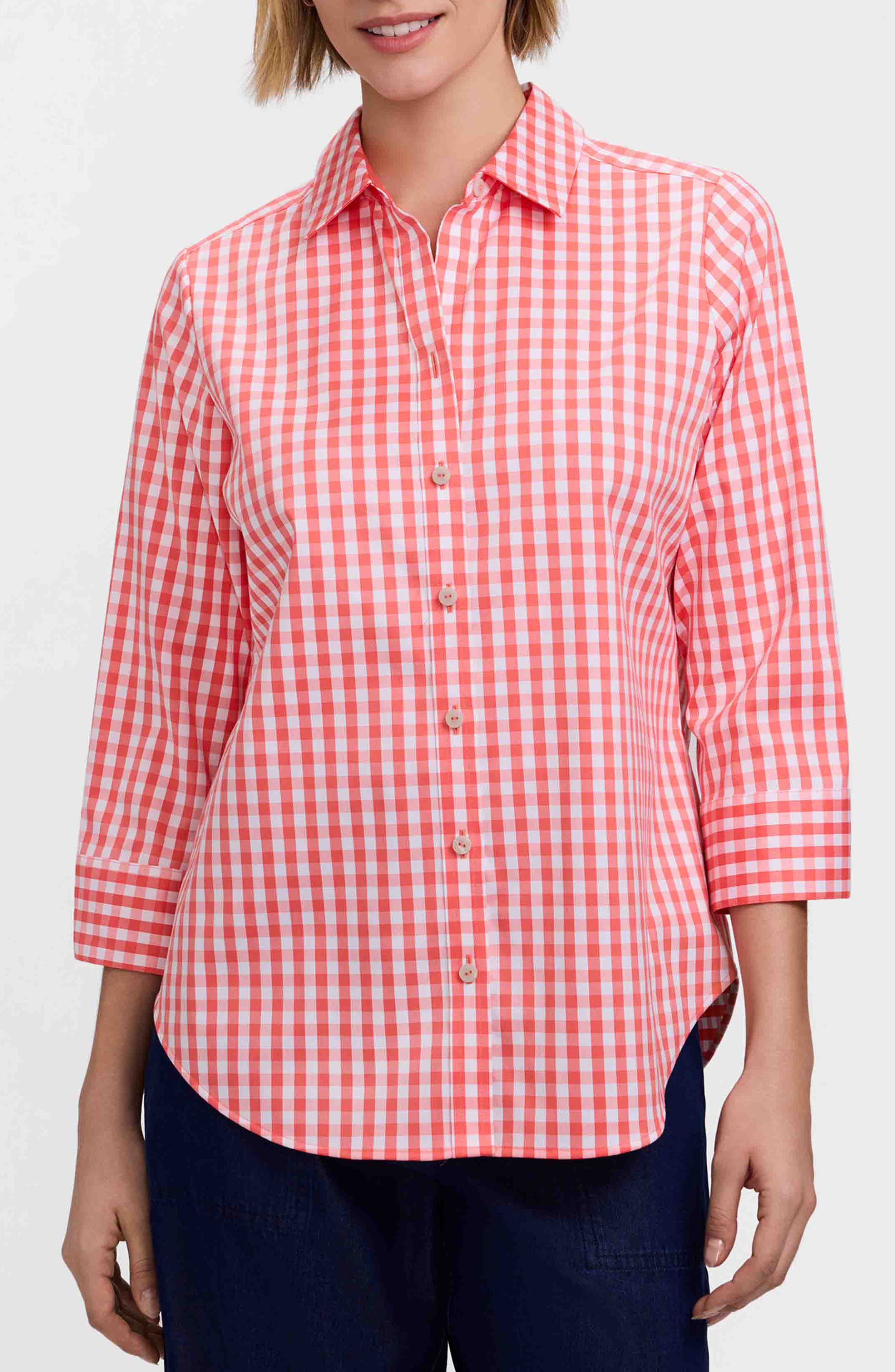 Margie Gingham Three-Quarter Sleeve Button-Up Shirt
