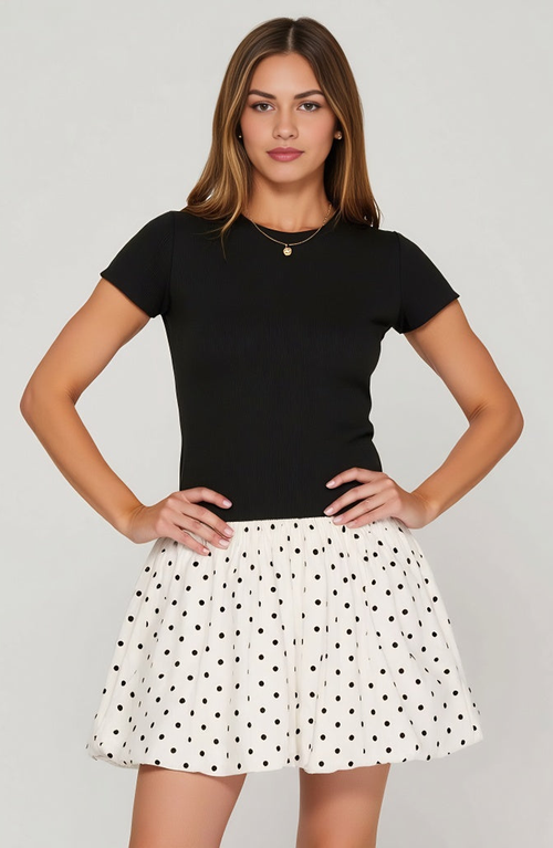Modenaire Fitted Knit Bodice Short Sleeve Dress With Polka Dot Bubble Skirt In White