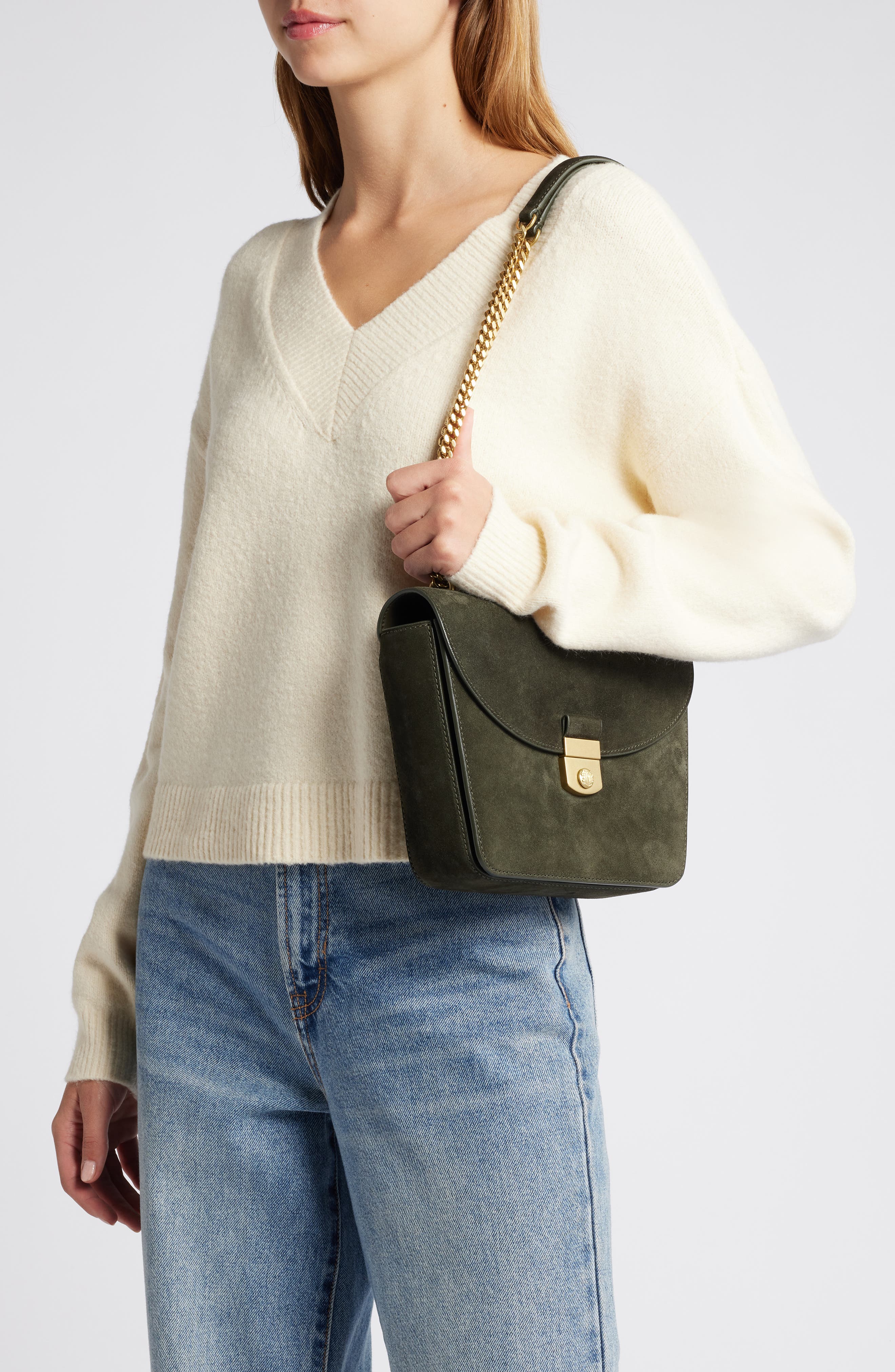 Veronica Beard Double Link Flap Suede Shoulder Bag, Alternate, color, Pine