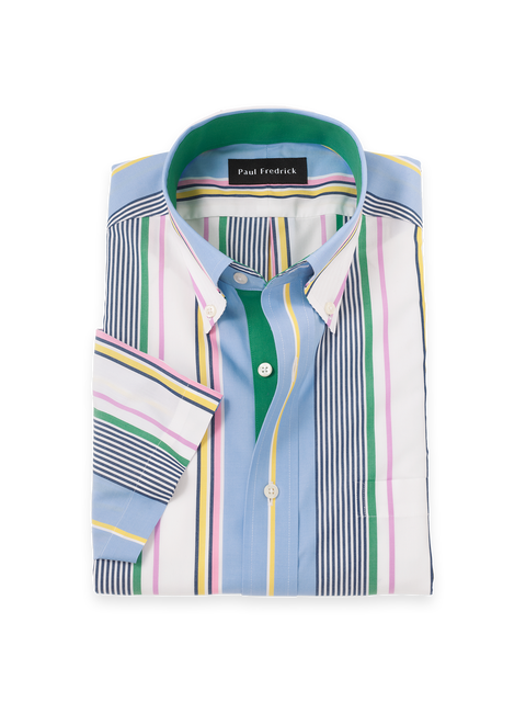 Cotton Buttondown Collar Poplin Tailored Contrast Trim Hemmed Sleeve Short Sleeve Shirt