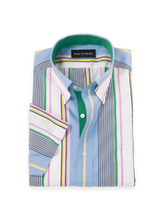 Paul Fredrick Cotton Buttondown Collar Poplin Tailored Contrast Trim Hemmed Sleeve Short Sleeve Shirt